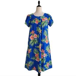 VTG Royal Creations Hawaiian Floral Caftan Dress Blue M/L Pockets Made in USA